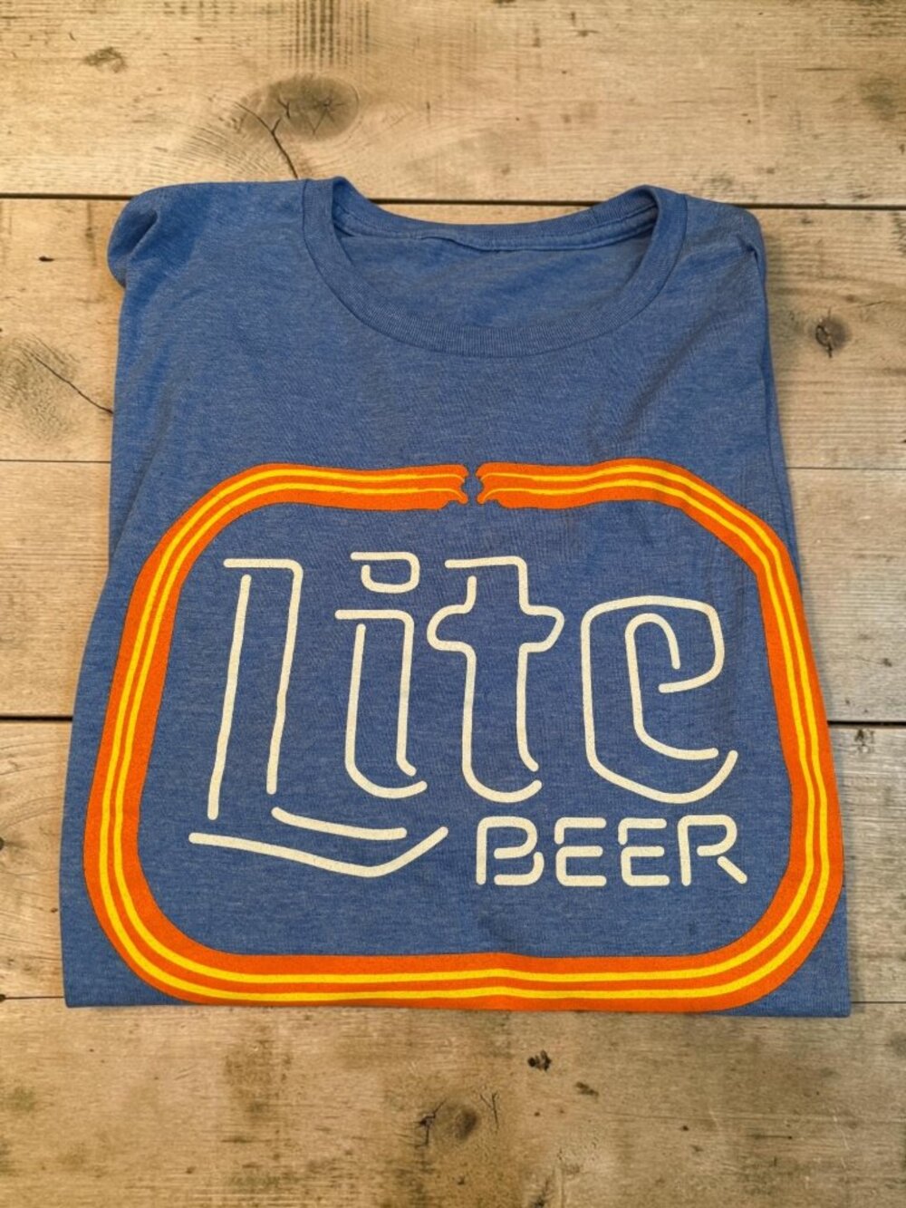 Miller Lite Neon Beer Logo Blue T-Shirt Short Sleeve Crew Neck Graphic Tee Size